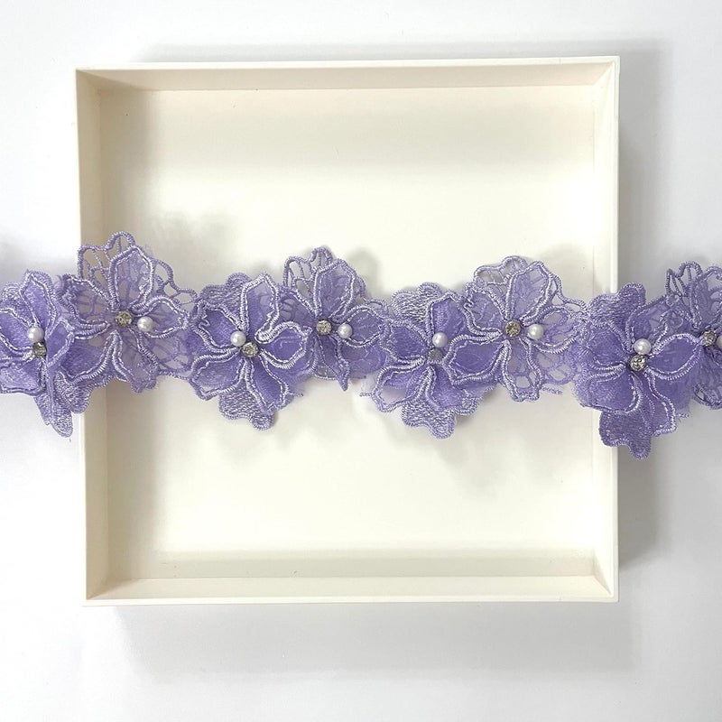 Buysk 2 Yards 3D Pearl Beads Flower Lace Trim Ribbon Floral Applique Embroidered Lace Fabric for Sewing DIY Crafts (Purple) - Image 3